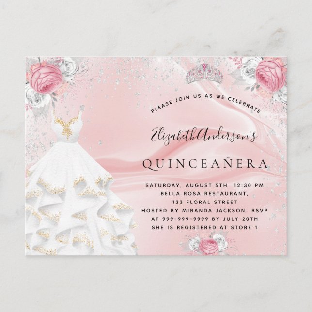 Quinceanera Rosa Glitzer Kleid Tiara Blumenstrauß Einladungspostkarte (Vorderseite)