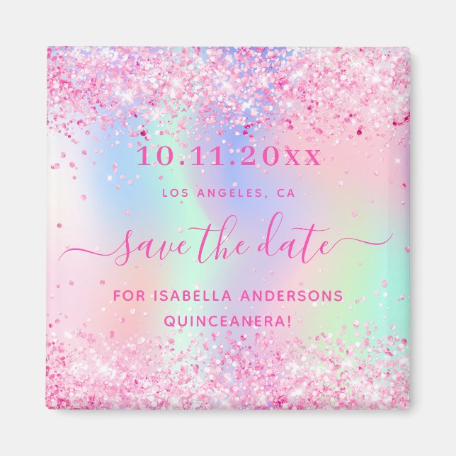 Quinceanera rosa Glitzer speichern Datums-Magnet Magnet (Vorne)