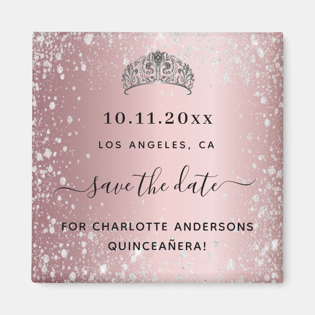 Quinceanera Rosa Glitzer Tiara Save the Date Magnet (Vorne)