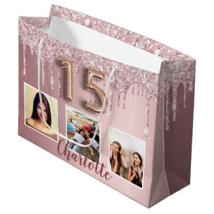 Quinceanera Rosa Glitzer Tropfen Foto Name Große Geschenktüte