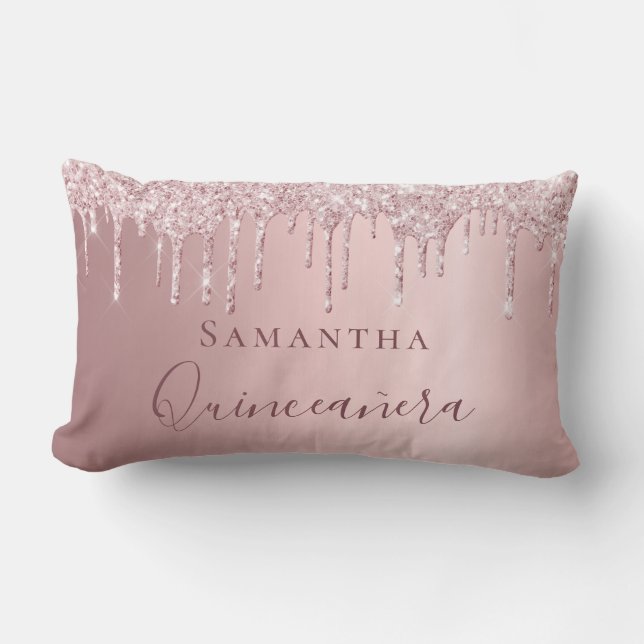 Quinceanera Rosa Glitzer Tropfen Monogramm Name Lendenkissen (Vorderseite)
