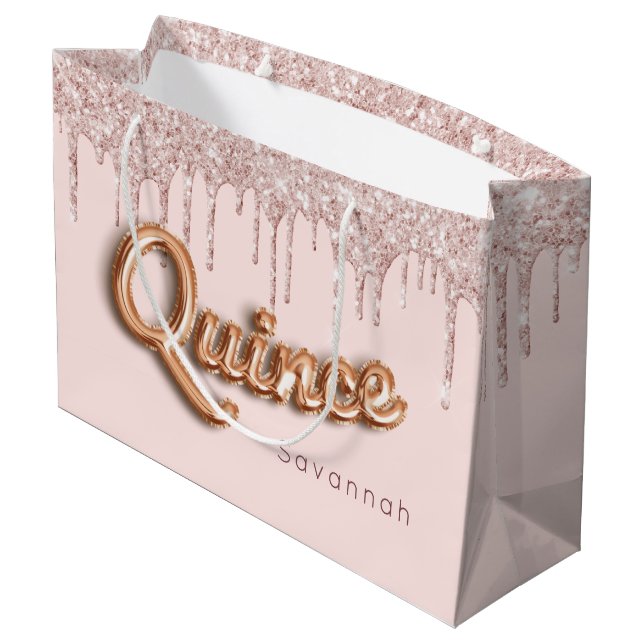 Quinceanera Rosa Glitzer Tropfen Rose Gold Große Geschenktüte (Rückseite Schrägansicht)