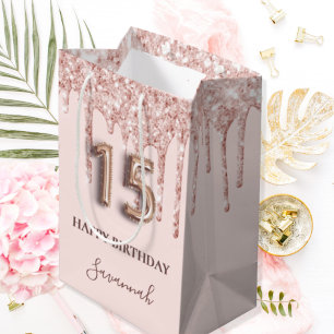 Quinceanera Rosa Glitzer Tropfen Rose Gold Mittlere Geschenktüte