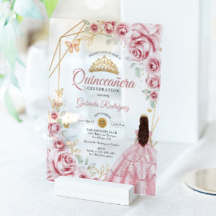Quinceanera Rosa Gold Kleid Floral Acryleinladungen