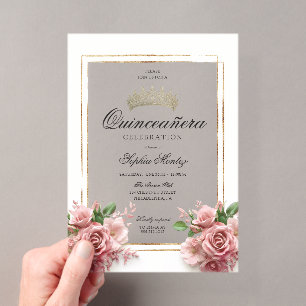 Quinceañera Rosa Goldene Krone Acryleinladungen