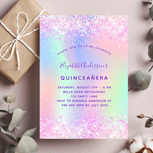 Quinceanera rosa lila Glitzer holografisch Einladungspostkarte (Von Creator hochgeladen)