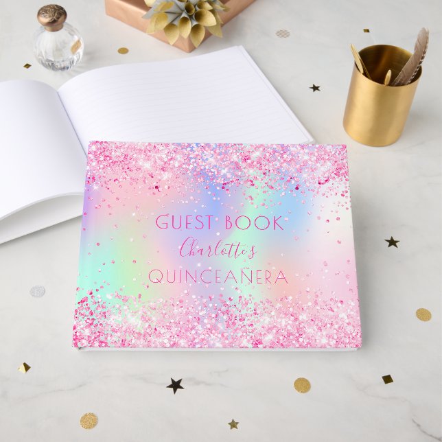Quinceanera rosa lila holografische gästebuch (Vorderseite Offen)