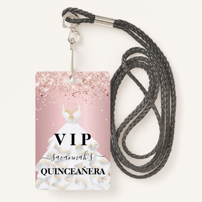 Quinceanera Rosa Rosa Glitzer Staub Name Vip Ausweis (Vorderseite mit Schlüsselband)