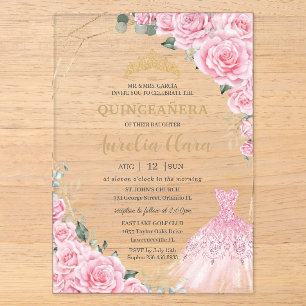 Quinceanera Rosa Rosen Florale Prinzessinnen Kleid Acryleinladungen