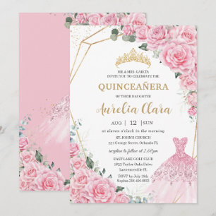 Quinceanera Rosa Rosen Florale Prinzessinnen Kleid Einladung