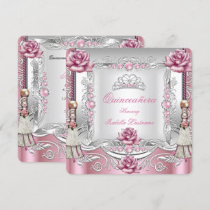 QUINCEANERA Rosa Rosen Quasten Silbernes Diadem Einladung