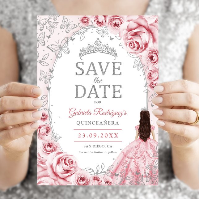 Quinceanera Rosa Silber Blumen Save The Date (Von Creator hochgeladen)