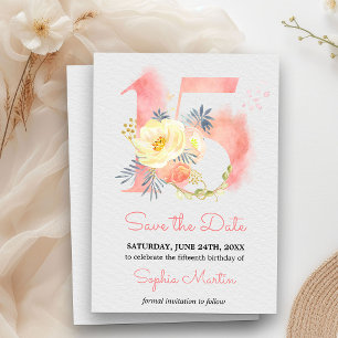 Quinceanera-Rosa-Wasserfarben-Blumen 15 Save The Date