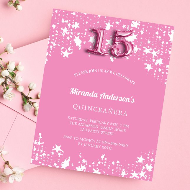 Quinceanera Rosa weiße Sterne Haushaltseinladung Flyer (Von Creator hochgeladen)