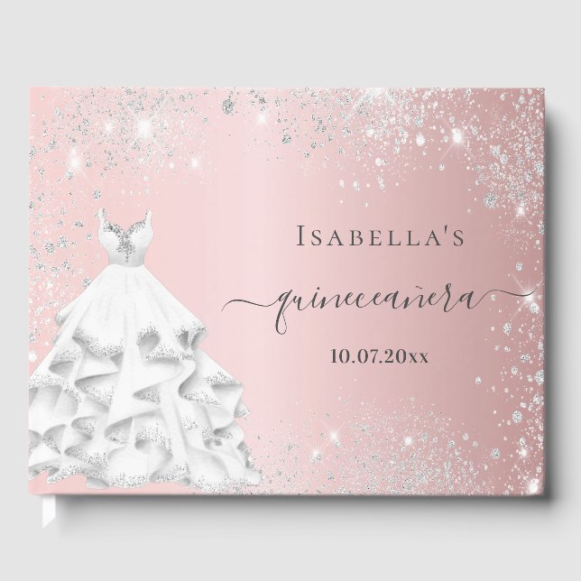 Quinceanera Rosa weißes Kleid Glitzer Gästebuch (Vorderseite)