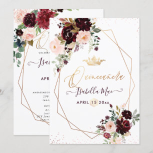 Quinceanera-Rosé Bordeaux-Aquarellblumen Einladung
