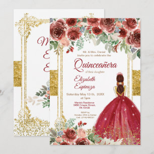 Quinceañera Rose Burgund Gold  Einladung