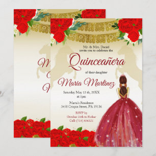 Quinceañera Rose Burgundy Gold Mexikanischer Gebur Einladung