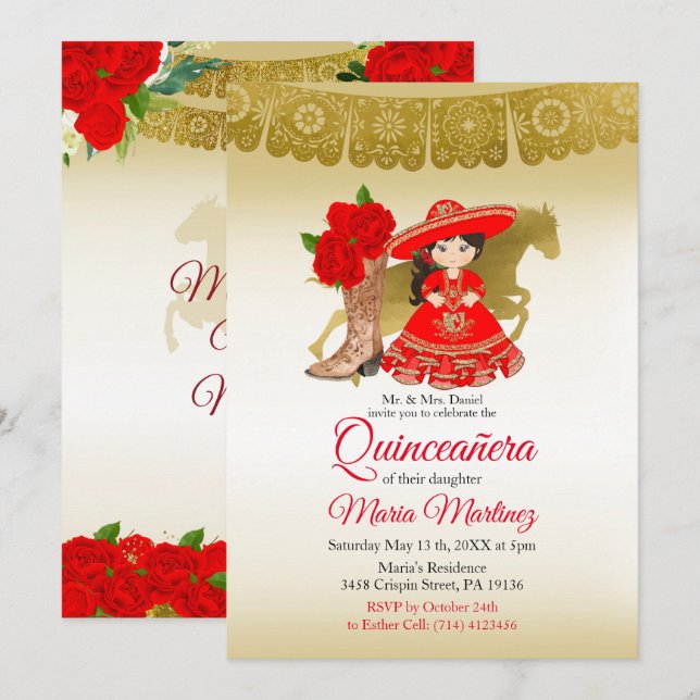 Quinceañera Rose Burgundy Gold Mexikanischer Gebur Einladung (Vorne/Hinten)