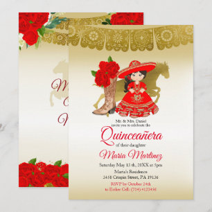 Quinceañera Rose Burgundy Gold Mexikanischer Gebur Einladung