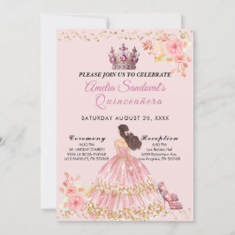Quinceanera rose et or Invitation florale