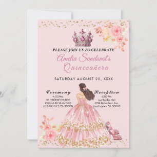Quinceanera rose et or Invitation florale