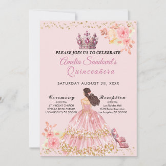 Quinceanera rose et or Invitation florale