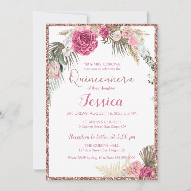 Quinceanera Rose Gold Blumenstrauß Glitzer Einladu Einladung (Vorderseite)