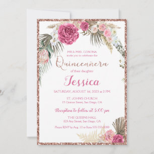 Quinceanera Rose Gold Blumenstrauß Glitzer Einladu Einladung