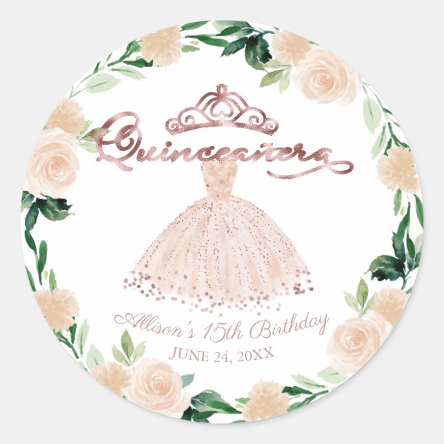 Quinceanera Rose Gold Blush Gosa Rosa Blütenbraun Runder Aufkleber (Vorderseite)