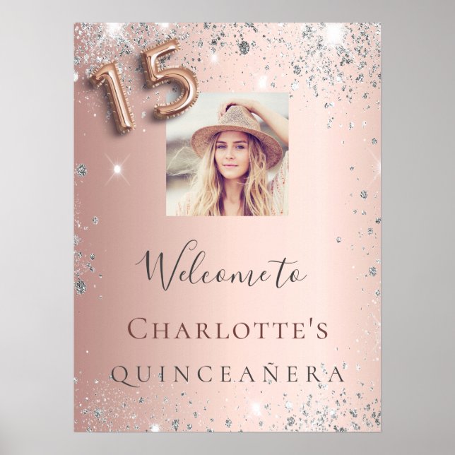 Quinceanera Rose Gold Foto Silber Glitzer Empfang Poster (Vorne)