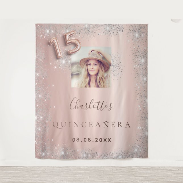 Quinceanera Rose Gold Foto Silber Glitzer Wandteppich (Vorderseite)