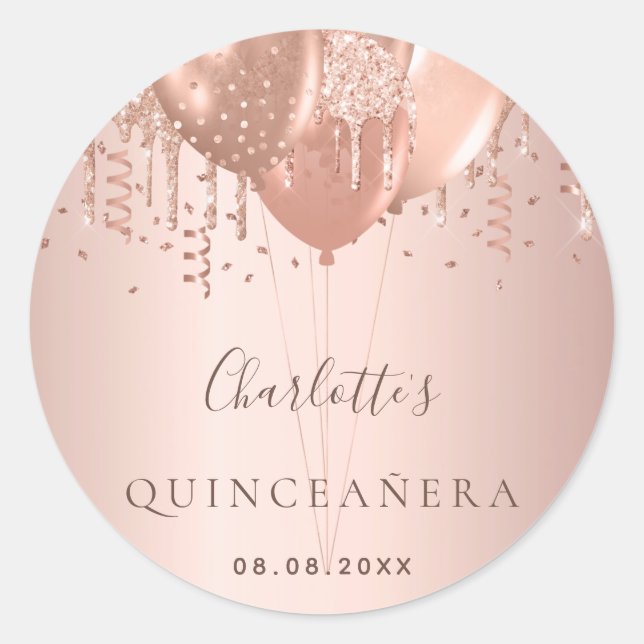 Quinceanera Rose Gold Glitzer Ballons Monogramm Runder Aufkleber (Vorderseite)