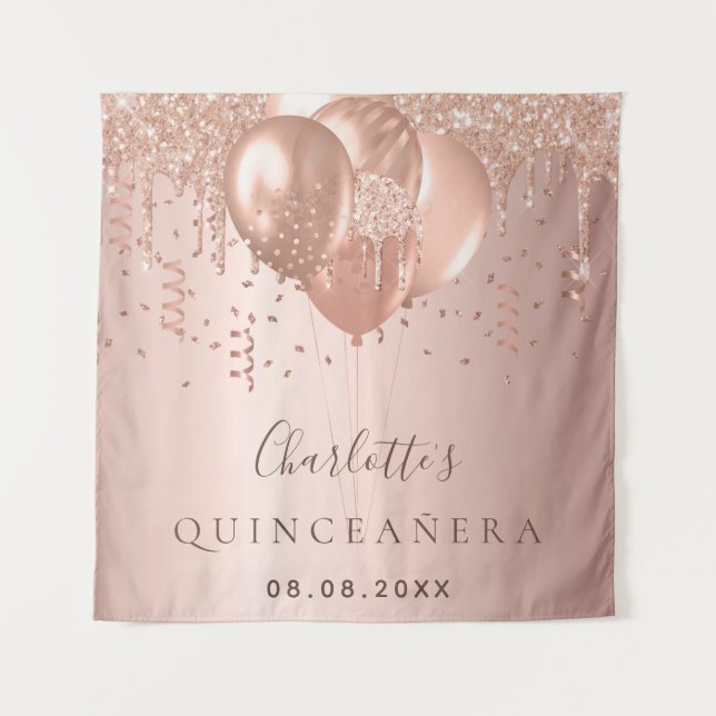 Quinceanera Rose Gold Glitzer Ballons Monogramm Wandteppich (Vorderseite)