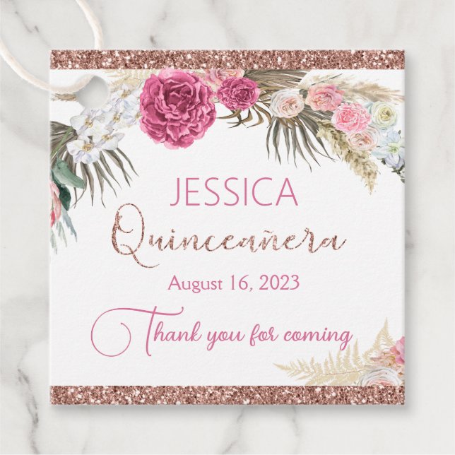 Quinceanera Rose Gold Glitzer Blumengiftmarke Geschenkanhänger (Vorderseite)