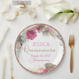 Quinceanera Rose Gold Glitzer Blumenpapierplatte Pappteller