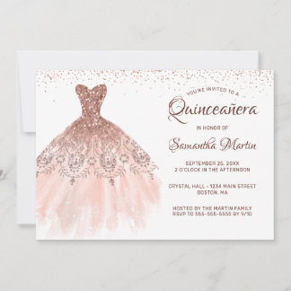Quinceanera Rose Gold Glitzer Dress on White Party Einladung