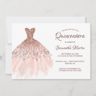 Quinceanera Rose Gold Glitzer Dress on White Party Einladung