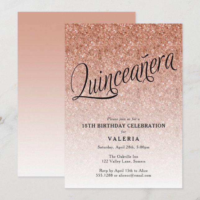 Quinceanera Rose Gold Glitzer Einladung zum Geburt (Vorne/Hinten)