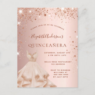 Quinceanera Rose Gold Glitzer Funkelkleid Einladungspostkarte