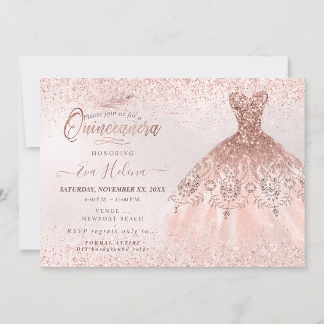 Quinceañera, Rose Gold Glitzer Kleid Einladung (Vorderseite)