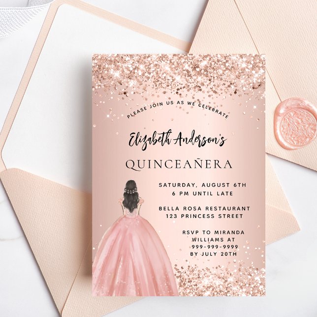 Quinceanera Rose Gold Glitzer Kleid Einladungspostkarte (Von Creator hochgeladen)