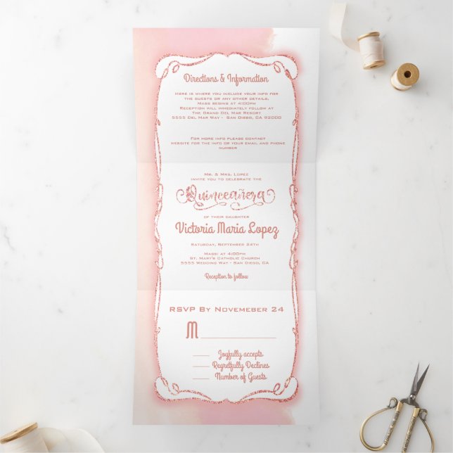 Quinceanera Rose Gold Glitzer Mexican Fiesta Dreifach Gefaltete Einladung (Innenseite)