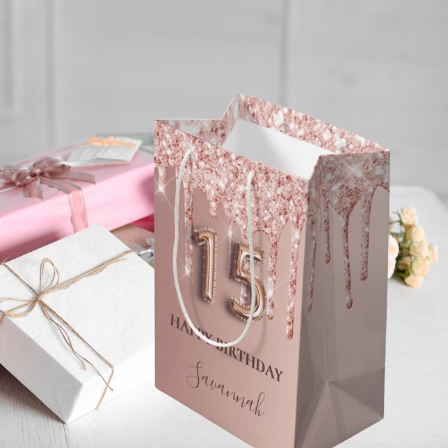 Quinceanera Rose Gold Glitzer Rosa Ballon Stil Mittlere Geschenktüte (Von Creator hochgeladen)