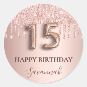 Quinceanera Rose Gold Glitzer Rosa Ballon Stil Runder Aufkleber