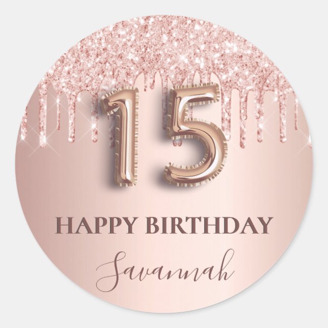 Quinceanera Rose Gold Glitzer Rosa Ballon Stil Runder Aufkleber (Vorderseite)