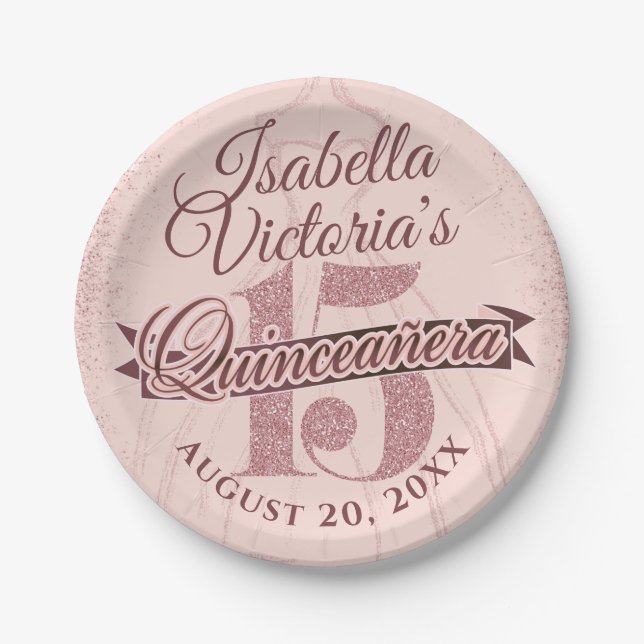 Quinceanera Rose Gold Glitzer Sparkone Pappteller (Vorderseite)