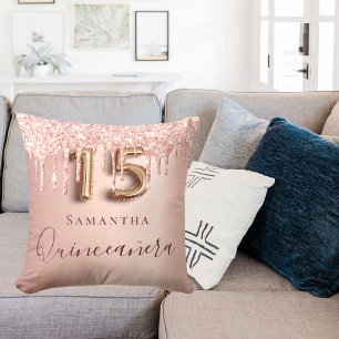 Quinceanera Rose Gold Glitzer Tropfen Monogramm Kissen