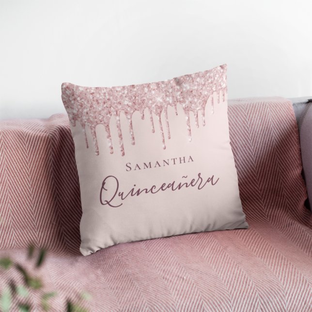 Quinceanera Rose Gold Glitzer Tropfen Name Kissen (Von Creator hochgeladen)
