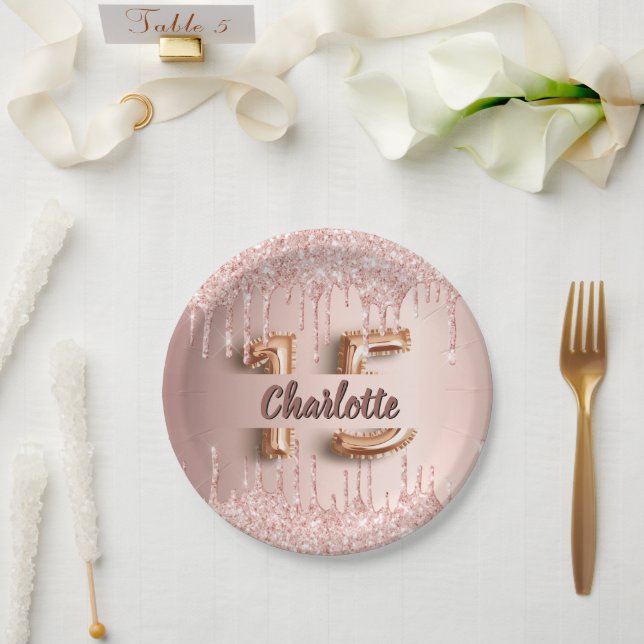 Quinceanera Rose Gold Glitzer Tropfen Name Pappteller (Hochzeit)